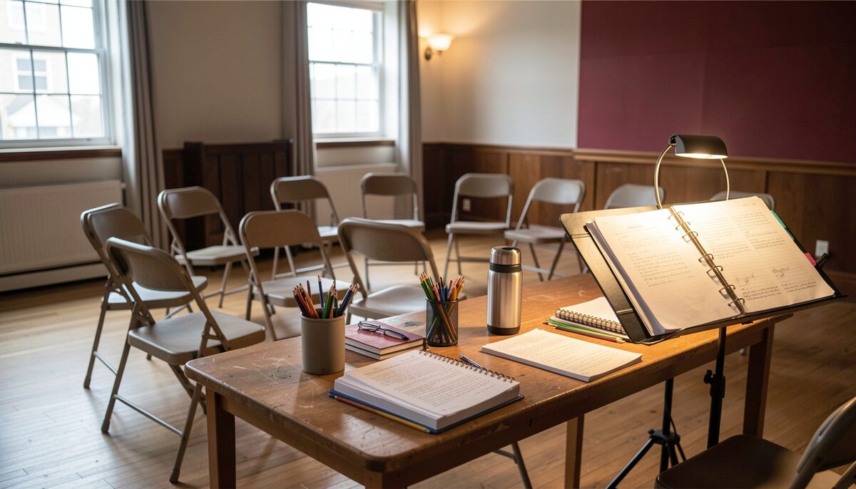 A community theatre rehearsal room with a circle of folding chairs, a cluttered table holding scripts, pencils, and a thermos, and a stage manager's binder open on a music stand under warm work lights.