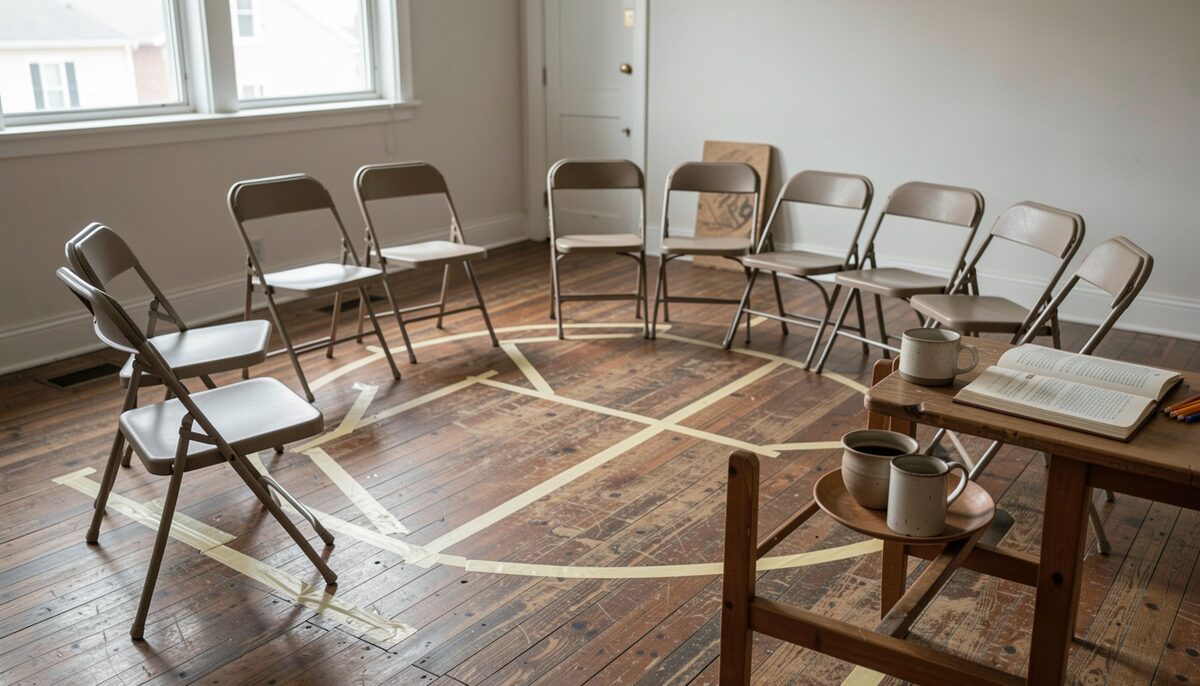 A community theatre rehearsal room with a circle of folding chairs, a worn wooden floor marked with tape, and a table holding a prompt book, pencils, and a few props like a hat and a ceramic mug.